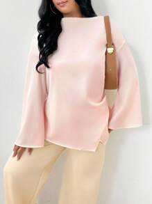 INAWLY Plus Size Women's Solid Color Ruffle Flare Sleeve Elegant Blouse Top - Pink - View 4
