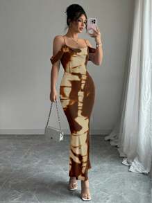 Elenzga 7 月 4 日假期夏季服装美人鱼鸡尾酒露肩连衣裙蓝色优雅修身性感毕业适度度假狂欢节外出露背荷叶边网眼针织。 - 咖啡 - 查看 1