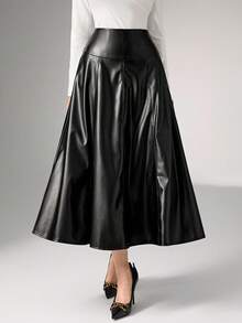 Heiryn Minimalist & Fashionable Berry-Colored PU Leather Skirt For Women - Black - View 2