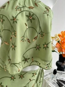 Sweetra 女士新款系带露背上衣和绿色迷你 A 字裙套装，适合海滩度假，春夏季 - 綠色 - 查看 7