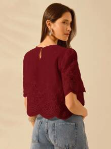 CAJUNI Áo crop top ren khoét vai đơn giản cho kỳ nghỉ của phụ nữ - Màu Đỏ Sâu - Xem 2