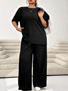 Solflare Plus Size Women Summer Solid Color Round Neck Drop Shoulder Blouse And Wide Leg Pants Casual 2 Pieces Set,Business Casual Woman,Back To School - Black - View 5