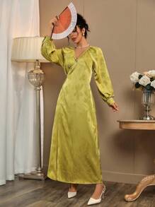 INAWLY Damen elegantes Jacquard-Kleid mit Knopfdesign - Grün - Übersicht 5