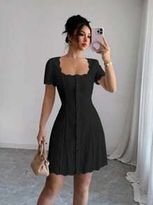 Rafferiza Women's Elegant Solid Color Button Front Dress Summer Dress