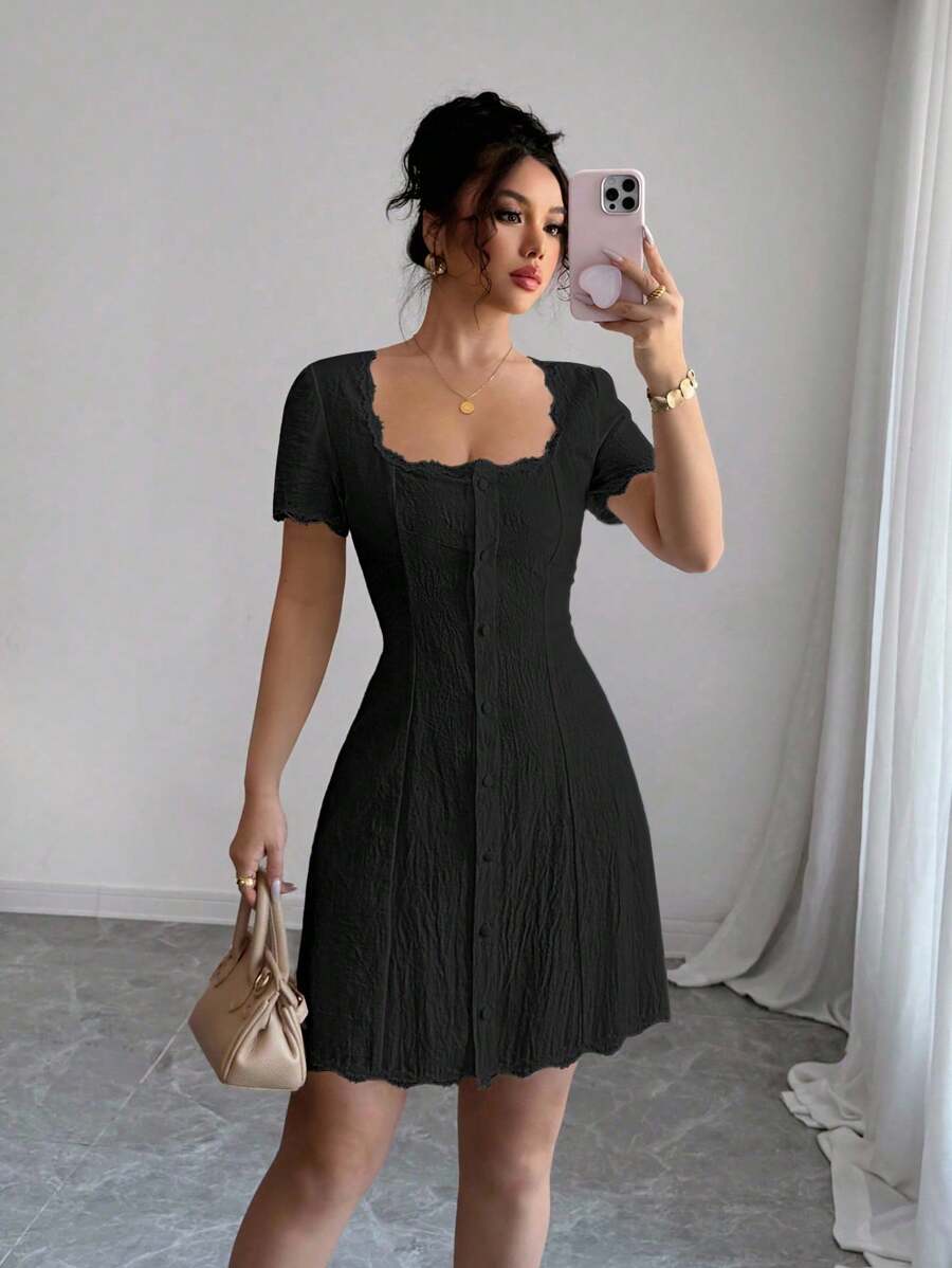 Rafferiza Women's Elegant Solid Color Button Front Dress Summer Dress