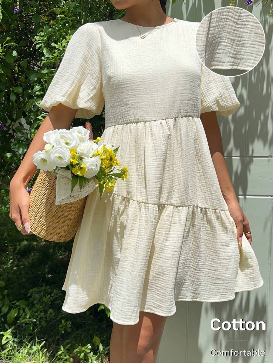 SHEIN EZwear Fall Clothes Casual Bubble Skirt Solid Color Lantern Sleeve Dress - White - View 1