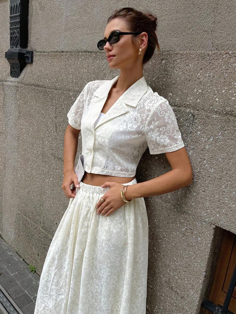 Women's Regular Collar Shirt + Pleated Lace Skirt 2 Pieces Set