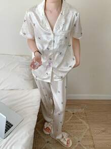1 套青少年女孩蝴蝶结和波尔卡圆点印花白色短袖开衫和裤子柔软家居服女士睡衣套装纽扣睡衣套装 - 白色 - 查看 3