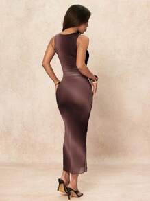 SHEIN PETITE 女士渐变色褶皱圆领无袖紧身连衣裙 - 棕色 - 查看 2