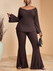 Veslaya 2025 春夏新款非洲度假女装，露肩休闲度假优雅海岛度假派对鸡尾酒通勤日常穿着，纯棕色高弹纹理上衣和松紧腰喇叭裤两件套，加大码 - 棕色 - 查看 5