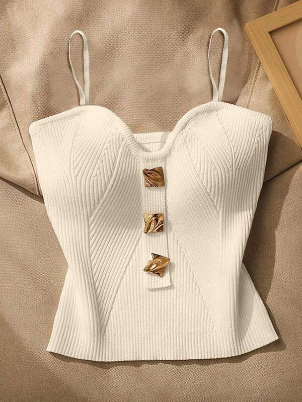Top lavorato a maglia elegante da donna per l'estate, senza maniche, con fibbia metallica decorativa, in colore unito