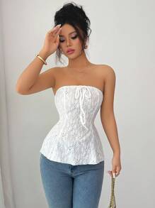 Elenzga 全新甜辣风格白色法式蝴蝶结吊带上衣，弹力提花面料，修身短款吊带背心 - 白色 - 查看 5