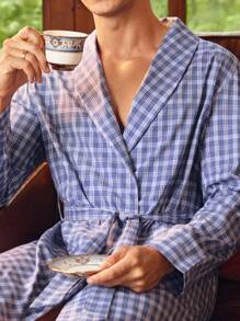 Manfinity Men's Plaid Shawl Collar Long Sleeve Pocket Casual Bathrobe - Blue - View 6