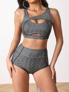 Menodora SHEIN Sport Damski czarny rozciągliwy zestaw sportowy z powłoką ze skóry węża do tańca na rurze i na scenę