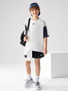 JNSQ Back To School Outdoor Casual Sports Loose T-Shirt, Children Round Neck Front Funny Letter Graphic Print Outdoor Casual Sports Loose T-Shirt