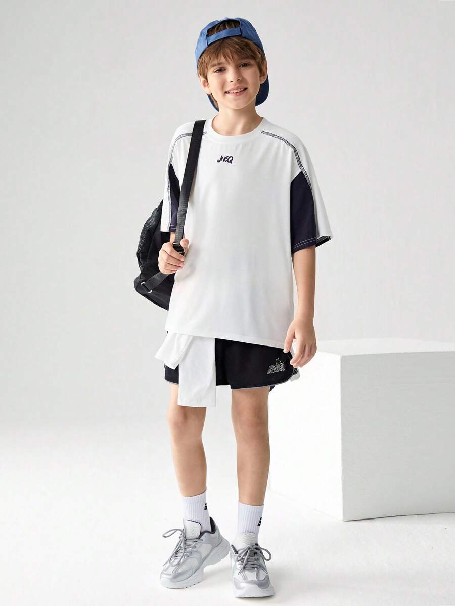 JNSQ Back To School Outdoor Casual Sports Loose T-Shirt, Children Round Neck Front Funny Letter Graphic Print Outdoor Casual Sports Loose T-Shirt