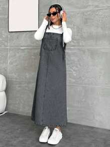 EURMUSE WOMEN LONG DENIM DRESS POCKET DETAILED - Light Grey - View 6