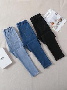 SHEIN 3件套TWEEN GIRLS牛仔裤，高弹柔软牛仔面料，3种颜色，腰部纽扣细节，休闲基本款，百搭版型，适合秋冬季，新款高性价比多件装牛仔裤 - 彩色 - 查看 2