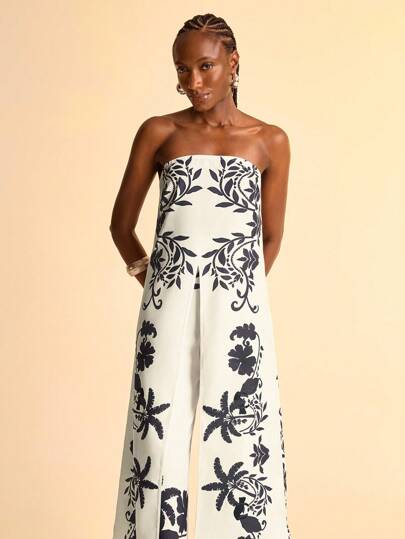 CAJUNI White Floral Floral Print Bandeau Top With Super Long Slit,Elegant Summer Tropical Vacation Holiday Boho Women Clothing,Casual Tops Women
