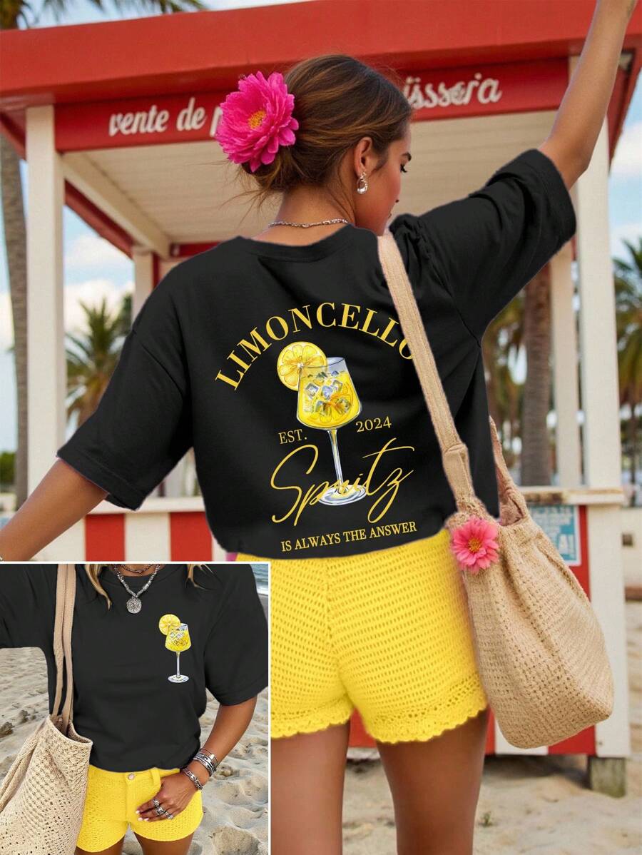 SHEIN LUNE 大码女式 T 恤“Limoncello Spritz”图案 T 恤女式上衣，夏季 - 黑色 - 查看 1