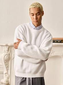 SWAVVY Jersey de punto de cuello redondo de manga larga casual para hombre, otoño/invierno - Blanco - Ver 5