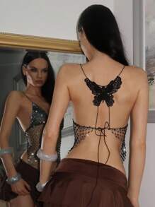 EgrlEra Áo hai dây đính kim cương cho nữ có họa tiết bướm ở lưng, thích hợp cho tiệc tùng và hẹn hò ngày lễ - màu đen - Xem 1