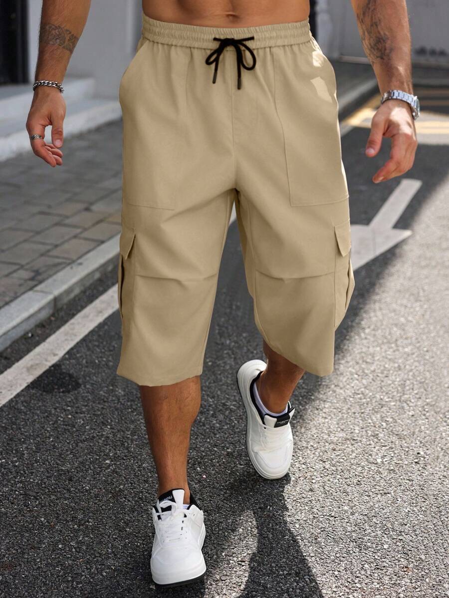 Manfinity Homme 大码男士纯色抽绳腰休闲工装七分裤 - 卡其色 - 查看 1