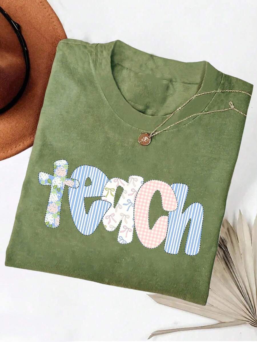 INAWLY Solva 女士夏季字母印花圆领短袖休闲宽松T恤 - 軍綠色 - 查看 1