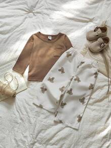 SHEIN Vintaside Kids 2 Stücke Kleinkind Jungen Set aus Cartoon Tier Muster Langarm T-Shirt und Lässig Hose, bequeme Outfit für Frühling/Herbst