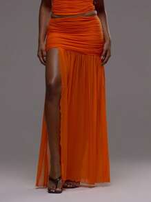MUSERA 褶皱垂坠极开衩中长裙下装，伊比沙岛性感度假夏季节日沙滩装，浪漫优雅生日婚礼宾客派对嘉年华婚礼派对 - 橘色 - 查看 1