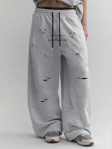 Manfinity EMRG Men's Loose Street Style Letter Embroidery Distressed Sweatpants Grey Baggy Sweatpants Ripped Sweatpants Sweatpants Patched Los Angeles Sweatpants Sweatpants With Holes Grey Sweatpants Los Angeles - Grey - View 3