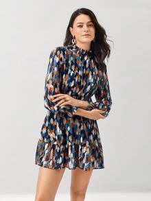 Miaspire Allover Print Flounce Sleeve Ruffle Hem Pleated Collar Shirred Dress - Blue - View 4