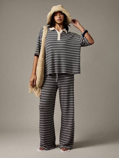 MISSGUIDED Leisure Striped Rugby Polo Top And Wide Leg Pants Loungewear Set Fall Winter Ribbed Matching Cozy Outfit Autumn Casual Streetwear Coordinate