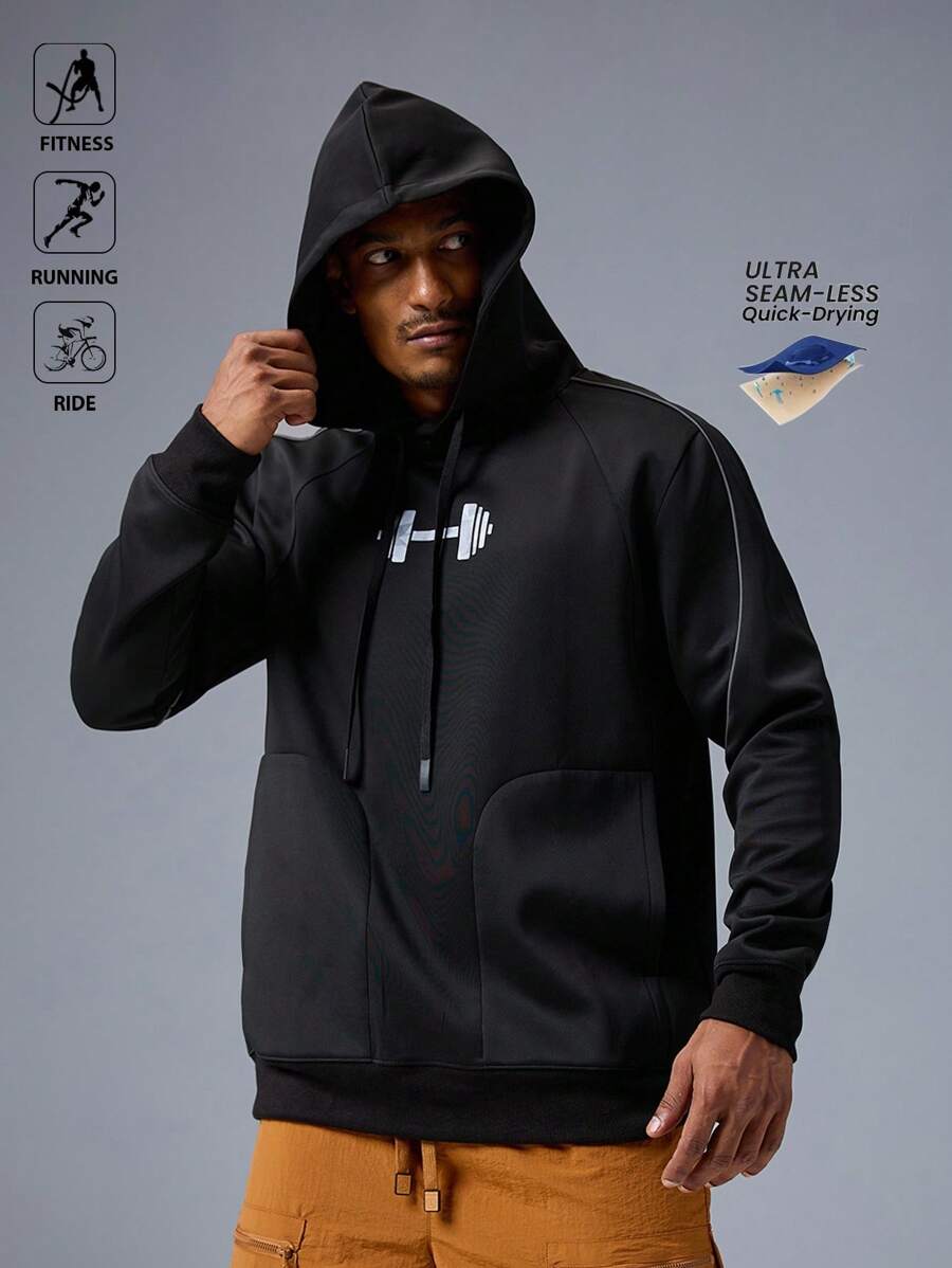 Acti Log Herren Sweatshirt mit Langarm, Kapuze und Zugkordel, Motiv Langhantel, für Outdoor Sport - Schwarz - Übersicht 1