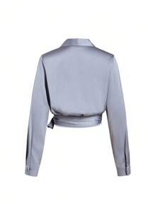 Ellevyn 女士优雅缎面系带裹身长袖衬衫，适合通勤、户外等多种场合，秋季新款返校女教师机场女装复古 - 藍色 - 查看 4