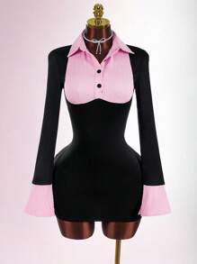 Amplova 女式撞色条纹拼布修身迷你连衣裙 - 黑色 - 查看 6