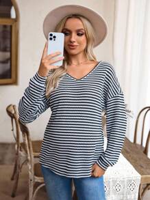 SHEIN Pregnant Women Spring/Autumn Casual Commuting Black & White Striped V-Neck Backless Twist Loose Sweatshirt