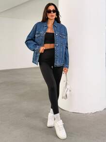 EURMUSE Women's Long Sleeve Single-Breasted Patch Pocket Loose Casual Denim Jacket Womens Denim Jacket Oversized Denim Jacket Jean Jacket Plus Size Jean Jacket Womens Jean Jacket Plus Size - Medium Wash - View 3