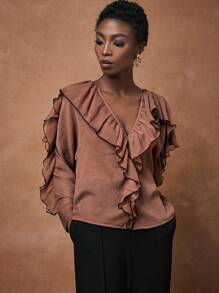 Zivah 2025 夏季新款母亲节、婚礼、生日派对、休闲、度假、时尚、街头风格、优雅、商务休闲女士宽松深 V 领荷叶边袖拼布衬衫 - 棕色 - 查看 3