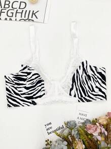 SHEIN 1pc Women Plus Size Lace Patchwork Zebra Print Wireless Bra, Without Padding