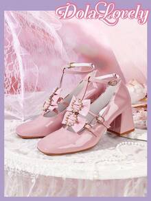 Dola Lovely 女士粉色粗跟方头可爱高跟鞋，蝴蝶结、仿珍珠、蕾丝装饰，浪漫礼物，适合派对、圣诞节、万圣节等场合 - 粉色 - 查看 6
