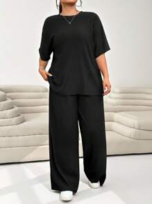 Solflare Plus Size Women Summer Solid Color Round Neck Drop Shoulder Blouse And Wide Leg Pants Casual 2 Pieces Set,Business Casual Woman,Back To School - Black - View 6