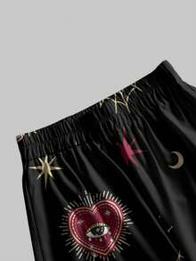 ROMWE Goth Luxurious Palace Style Dark Hearth Scorpion Star Sequin Spider Web Full Print Women's Wide Leg Pants - Black - View 3