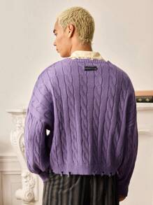 SWAVVY Men's Casual Solid Color Cable Knit Sweater, Autumn/Winter - Violet Purple - View 2