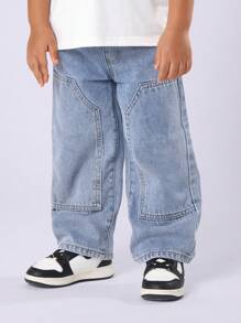 SUMWON Double Knee Wide Leg Denim Pants Streetwear Fashion Japanese Style Baggy Loose Fit Kids Trousers Fall Winter Casual Everyday Urban Wear