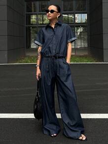 DAZY Bộ 2 quần ống rộng ống rộng cổ bẻ denim thường ngày cho nữ, trang phục mùa hè - Rửa tối - Xem 2