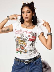 ROMWE Grunge Punk Y2K 复古性感虎纹藤蔓仿纹身印花高领紧身女式 T 恤