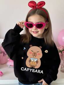Young Girl Casual Fashionable Creative Cartoon Cute Capybara Pattern Print Basic Round Neck Sweatshirt Capybara Sweatshirt For Girls Capybara Clothes For Girls Sweatshirt Cute Sweatshirt Capybara Clothing For Girl Fall Winter