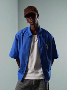 PLAYBOY X SUMWON Camicia sportiva con chiusura lampo, collezione streetwear, stile di vita urbano, logo stampato anteriore e posteriore, casual estivo, leggero, oversize - Blu reale - Visualizzare 8