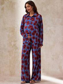 Boho Mama 2 pièces Ensemble de grossesse casual : chemise boutonnée à manches longues à rayures géométriques et pantalon ample